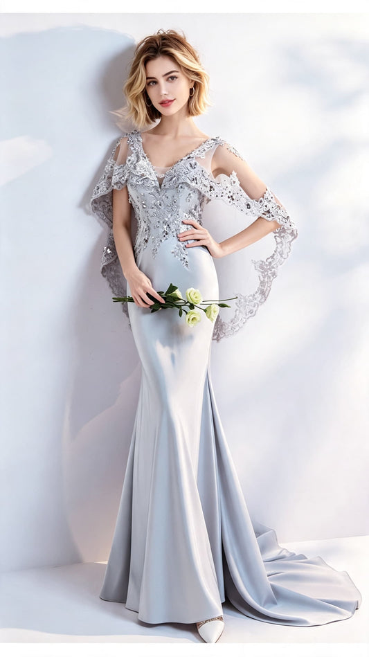 Lightweight Mermaid Grey Evening Dress V Neck Tulle Long Formal Dress LFNC0419