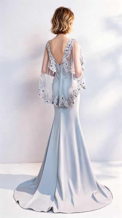 Lightweight Mermaid Grey Evening Dress V Neck Tulle Long Formal Dress LFNC0419