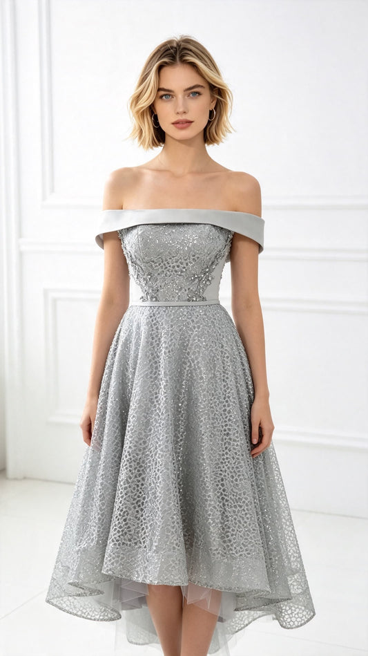 Beautiful tailored A-line Sliver Evening Dress Off the Shoulder Tulle Mesh Maxi Dress LFNL0629