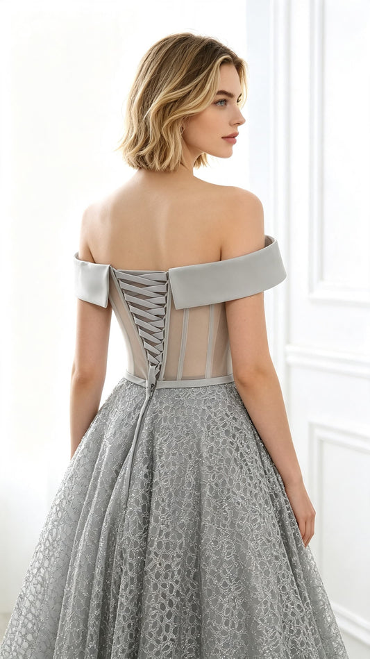 Beautiful tailored A-line Sliver Evening Dress Off the Shoulder Tulle Mesh Maxi Dress LFNL0629