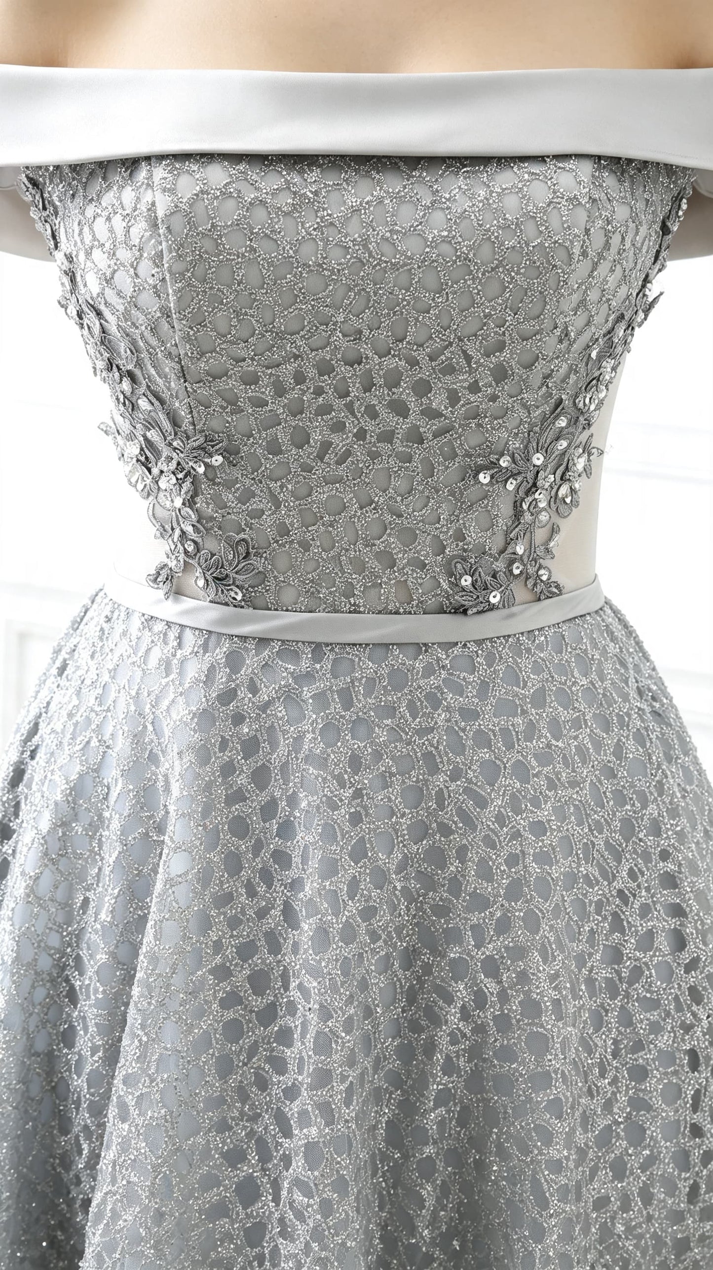 Beautiful tailored A-line Sliver Evening Dress Off the Shoulder Tulle Mesh Maxi Dress LFNL0629