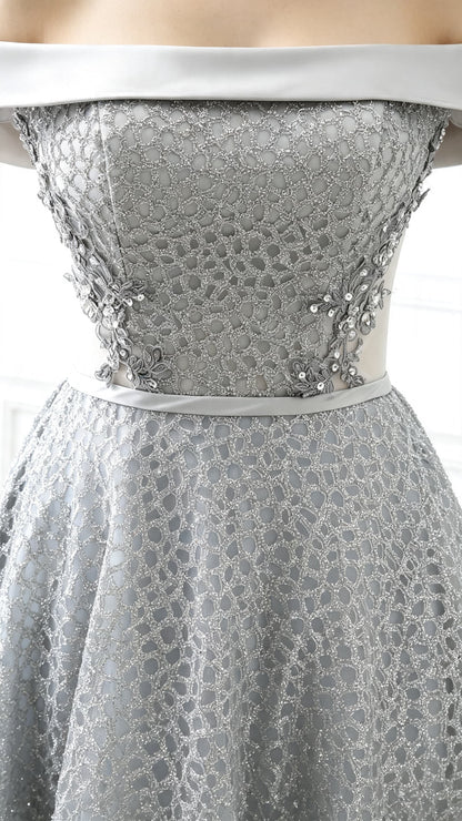 Beautiful tailored A-line Sliver Evening Dress Off the Shoulder Tulle Mesh Maxi Dress LFNL0629
