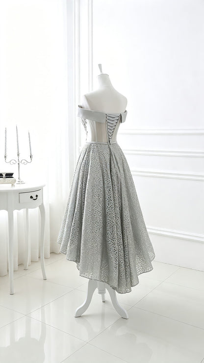 Beautiful tailored A-line Sliver Evening Dress Off the Shoulder Tulle Mesh Maxi Dress LFNL0629