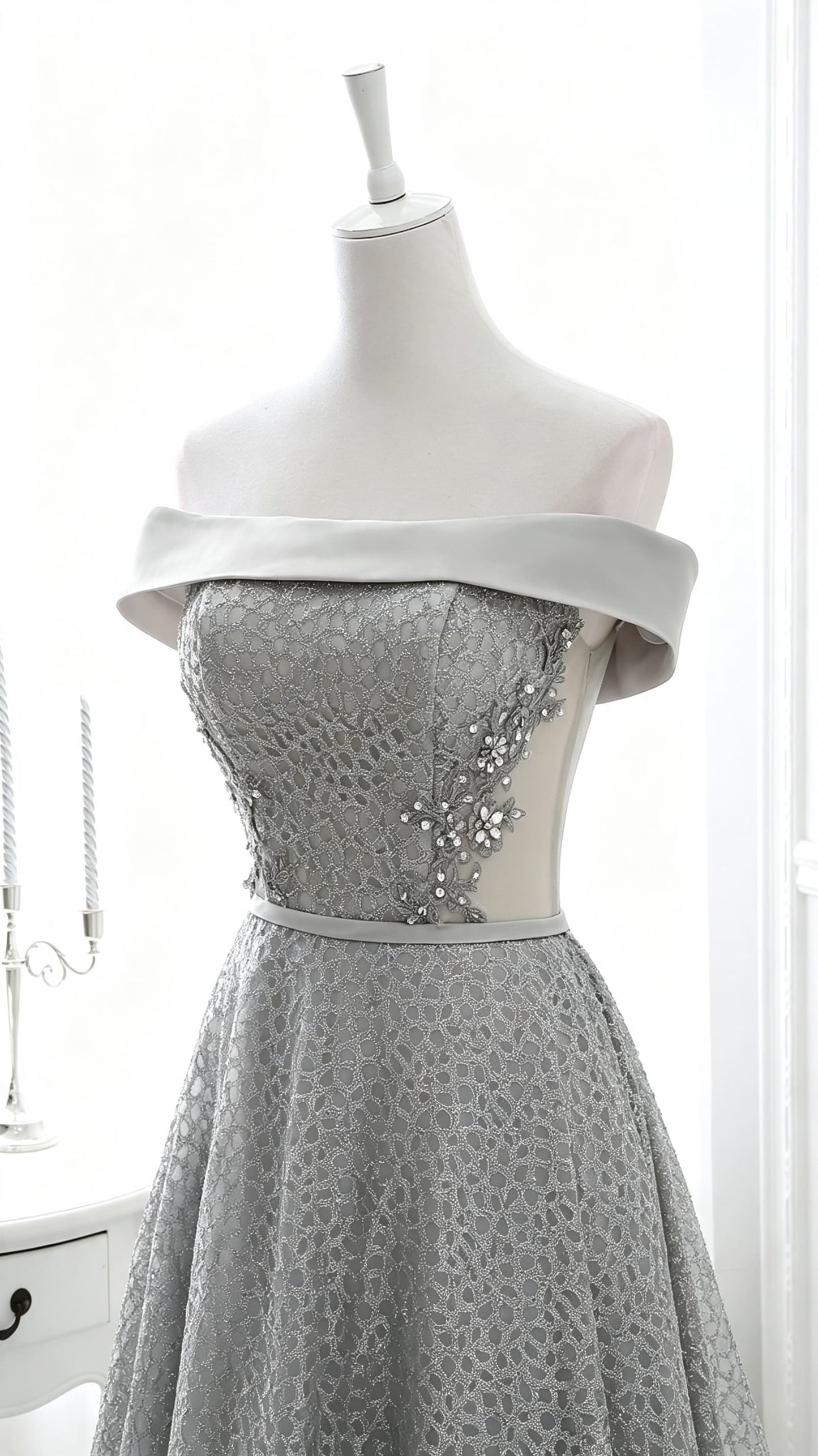Beautiful tailored A-line Sliver Evening Dress Off the Shoulder Tulle Mesh Maxi Dress LFNL0629