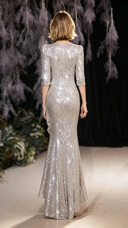 Polished Mermaid Sliver Evening Dress V Neck Sequins Long Formal Dress LFNC0434