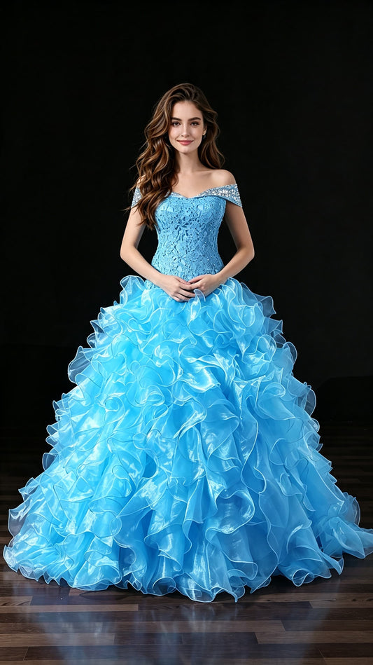 Flattering High Waist Blue Ball Gown Off the Shoulder Tulle Long Formal Dress LFNL0623