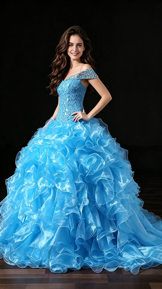 Flattering High Waist Blue Ball Gown Off the Shoulder Tulle Long Formal Dress LFNL0623