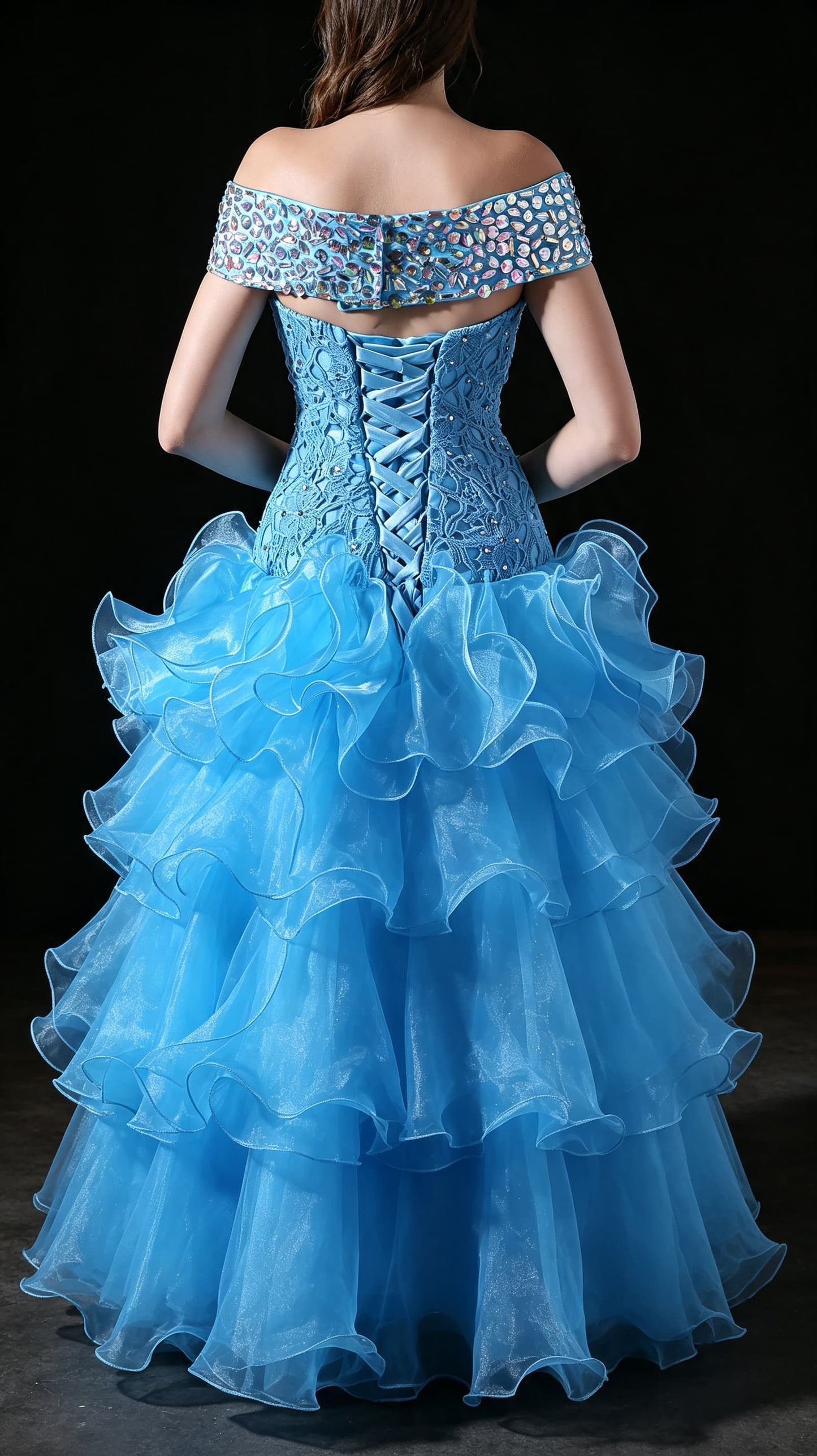 Flattering High Waist Blue Ball Gown Off the Shoulder Tulle Long Formal Dress LFNL0623