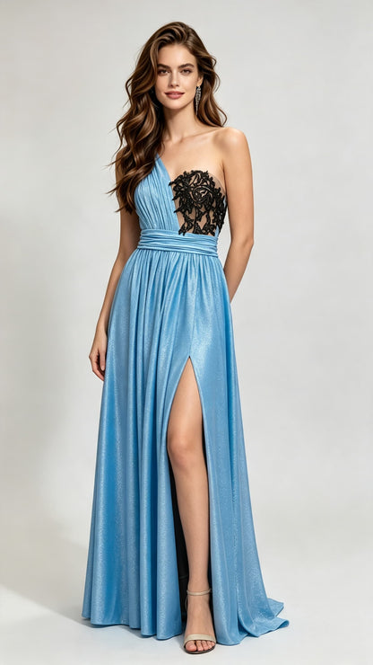 Soft A-line Blue Evening Gowns One Shoulder Lace Spandex Long Formal Dress LFNL0674