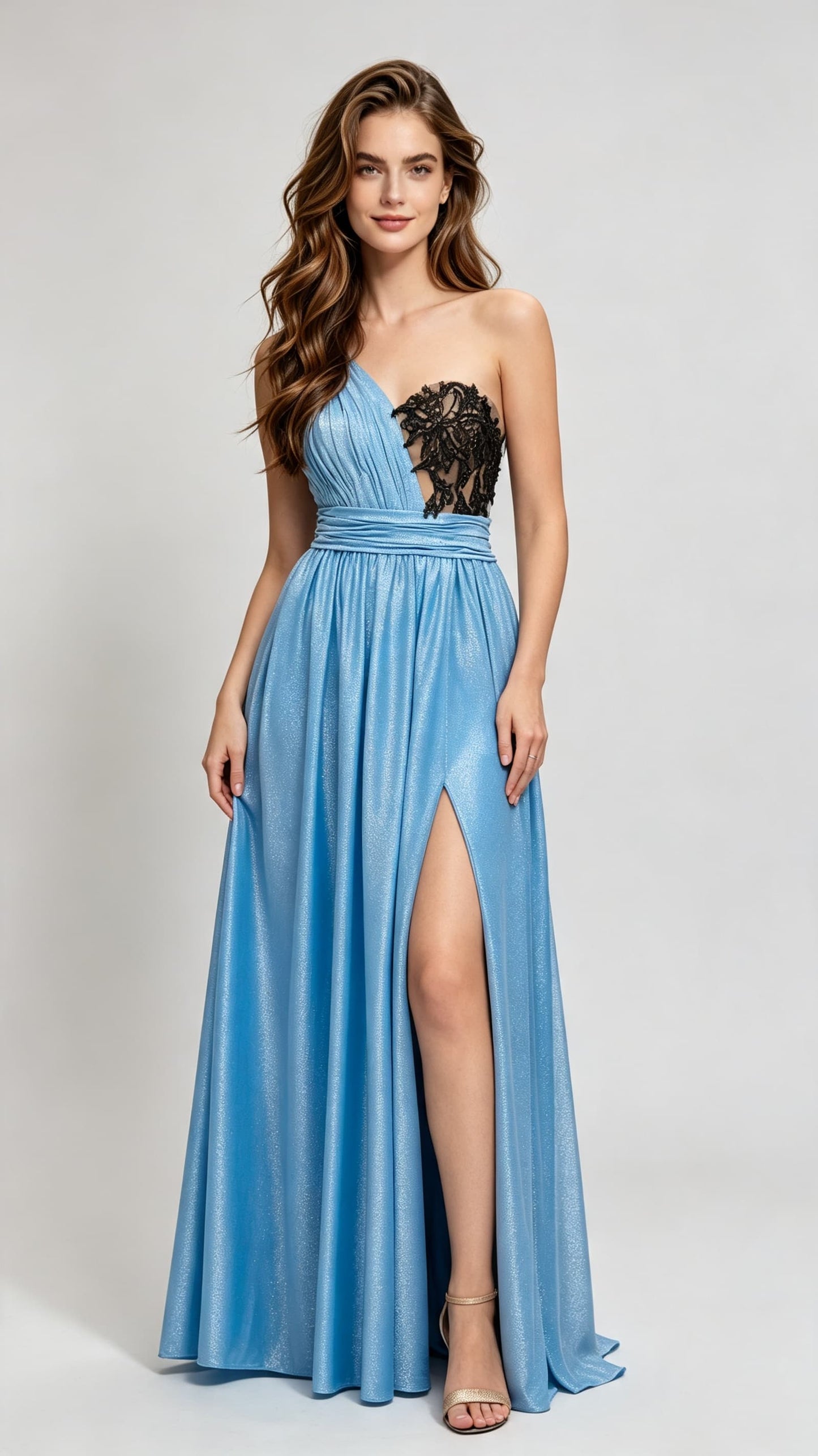 Soft A-line Blue Evening Gowns One Shoulder Lace Spandex Long Formal Dress LFNL0674
