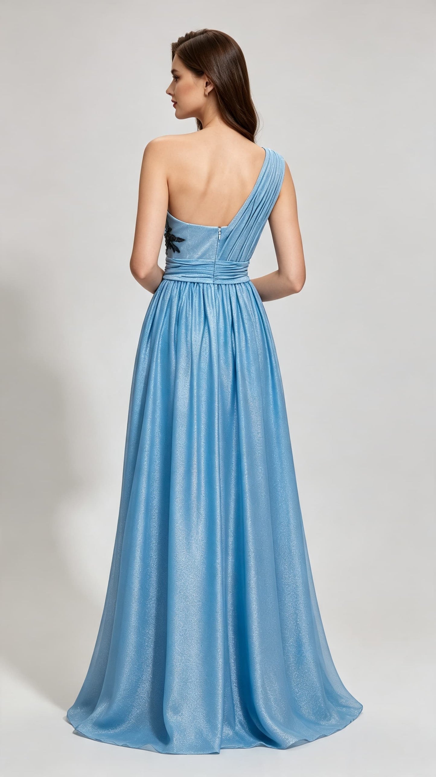 Soft A-line Blue Evening Gowns One Shoulder Lace Spandex Long Formal Dress LFNL0674