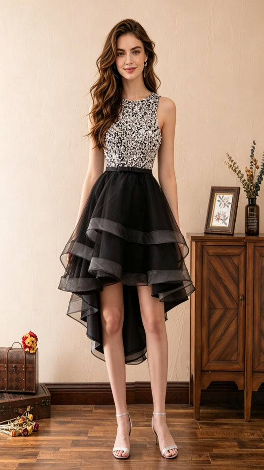 Elegant A-line Black Evening Dress Tulle High Low LFNL0600