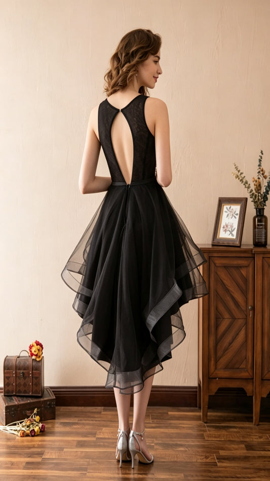Elegant A-line Black Evening Dress Tulle High Low LFNL0600