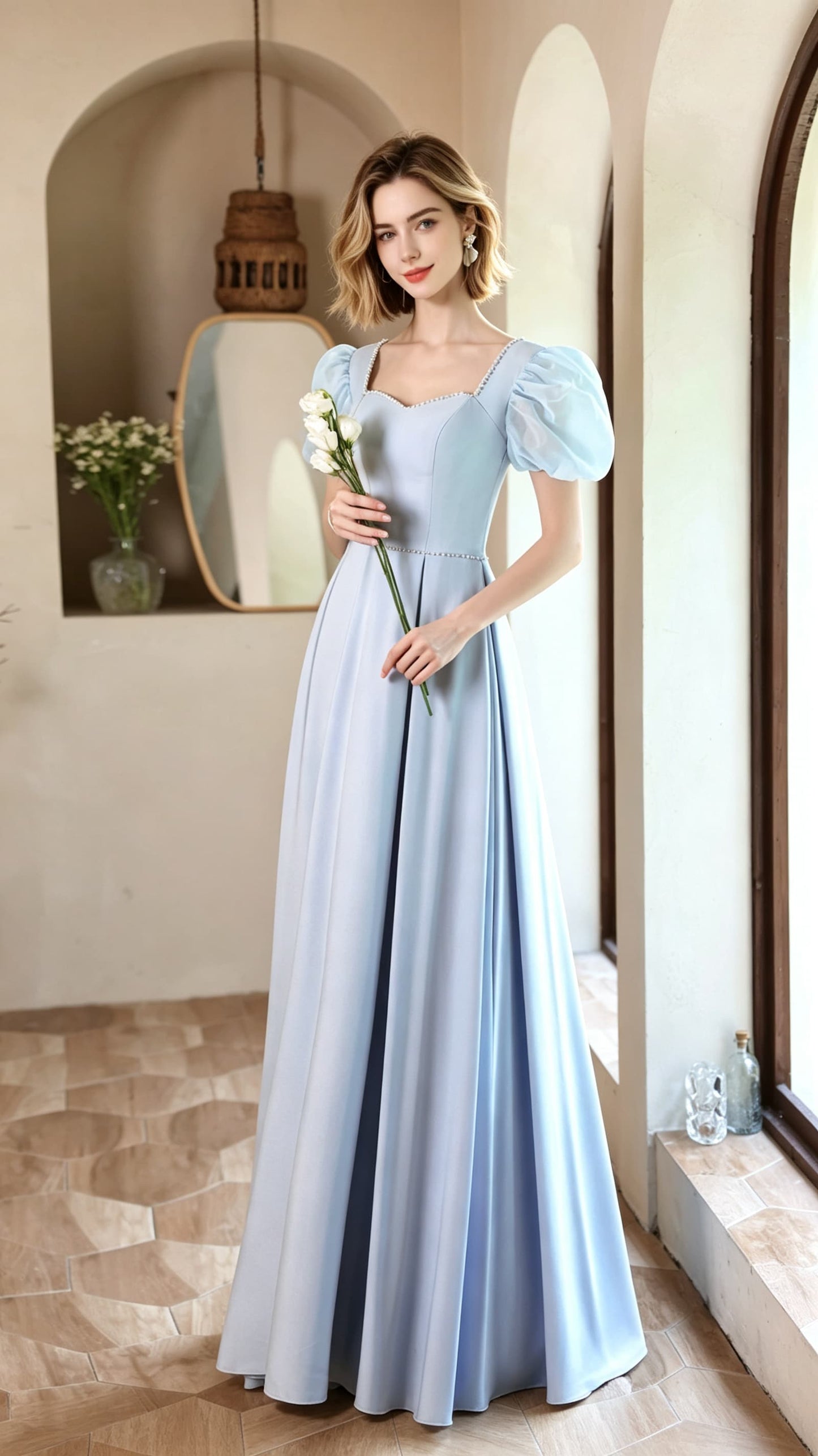 Timeless A-line Light Blue Evening Gowns Square Collar Soft Satin Long Formal Dress LFNC0376