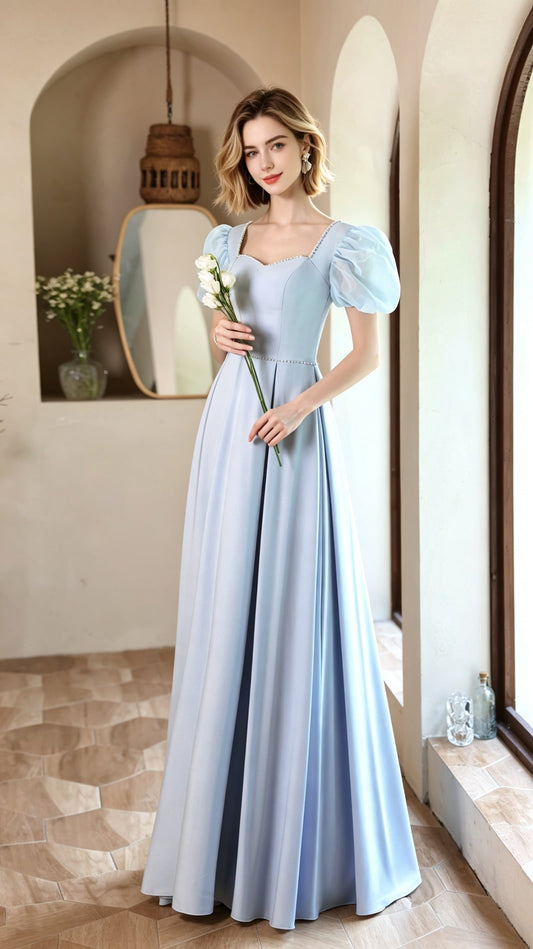 Timeless A-line Light Blue Evening Gowns Square Collar Soft Satin Long Formal Dress LFNC0376
