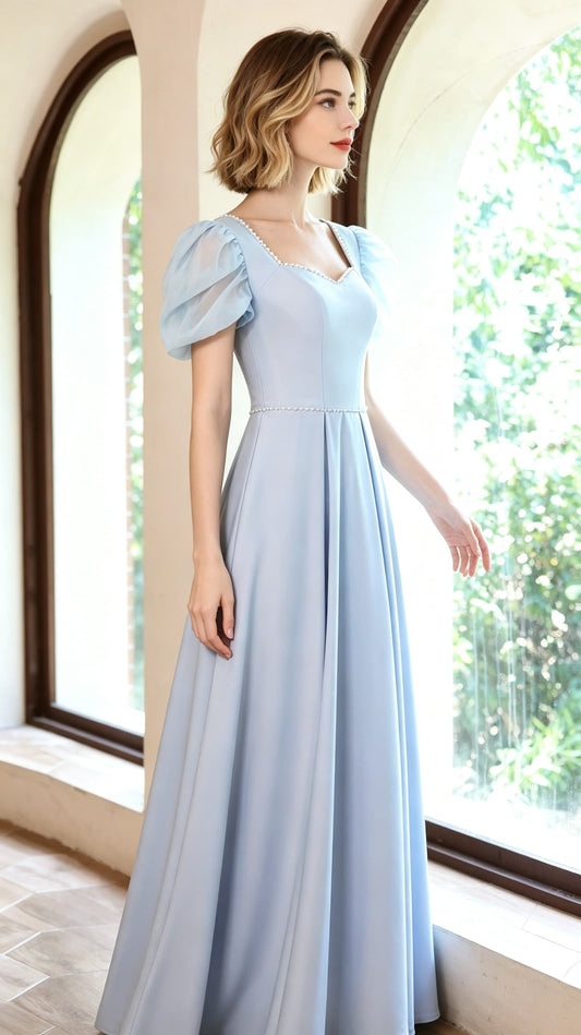 Timeless A-line Light Blue Evening Gowns Square Collar Soft Satin Long Formal Dress LFNC0376