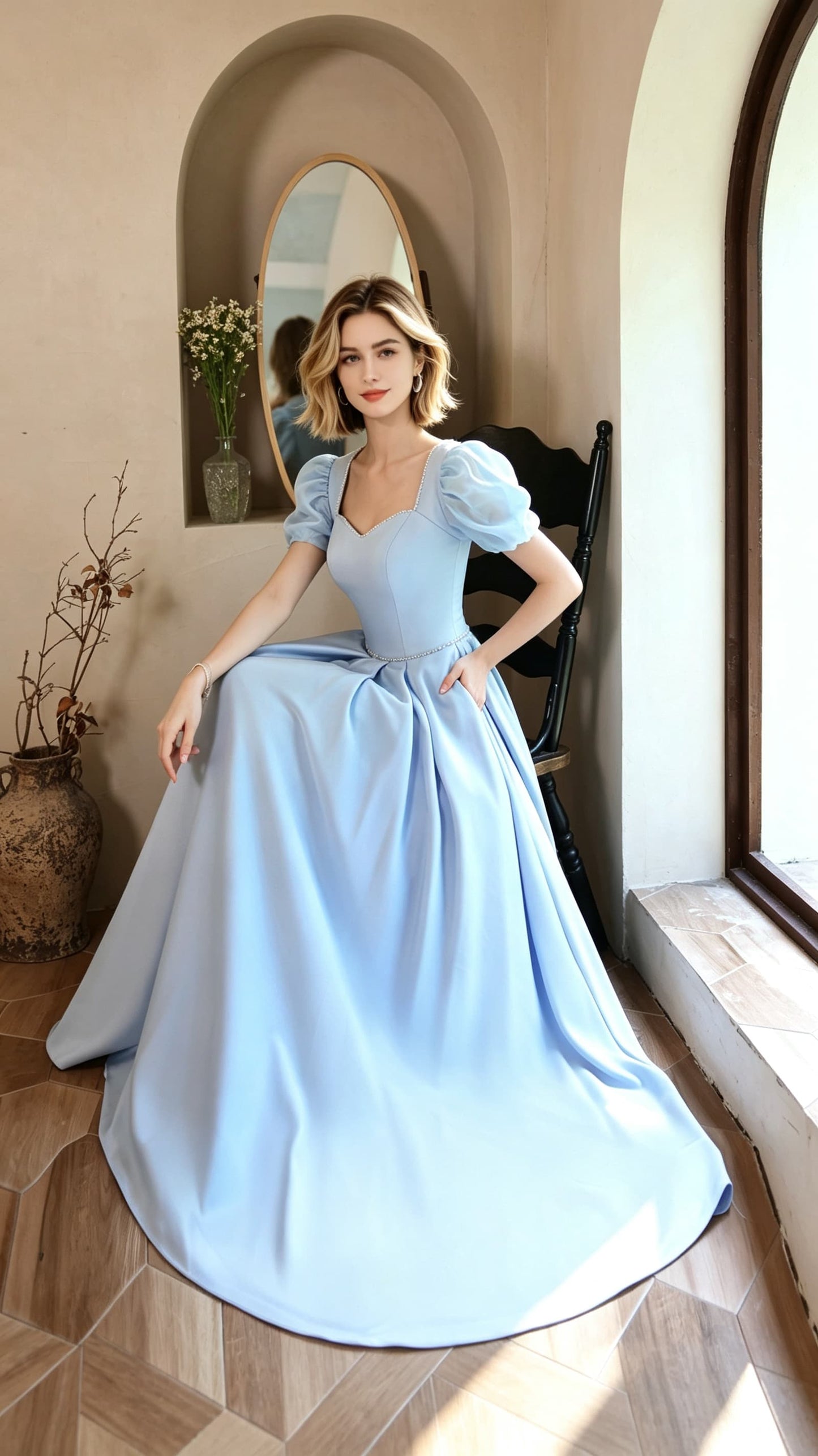 Timeless A-line Light Blue Evening Gowns Square Collar Soft Satin Long Formal Dress LFNC0376