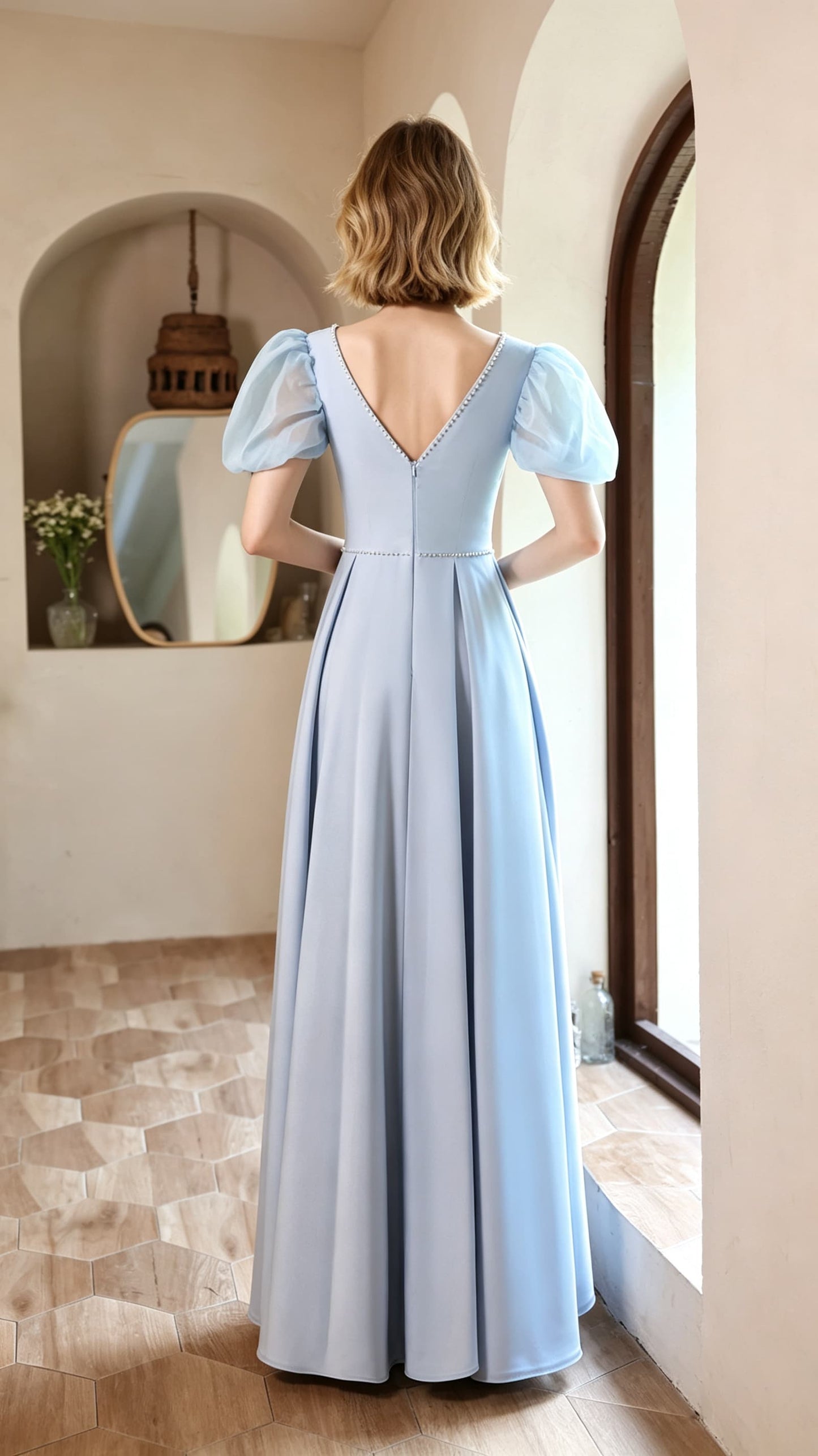Timeless A-line Light Blue Evening Gowns Square Collar Soft Satin Long Formal Dress LFNC0376