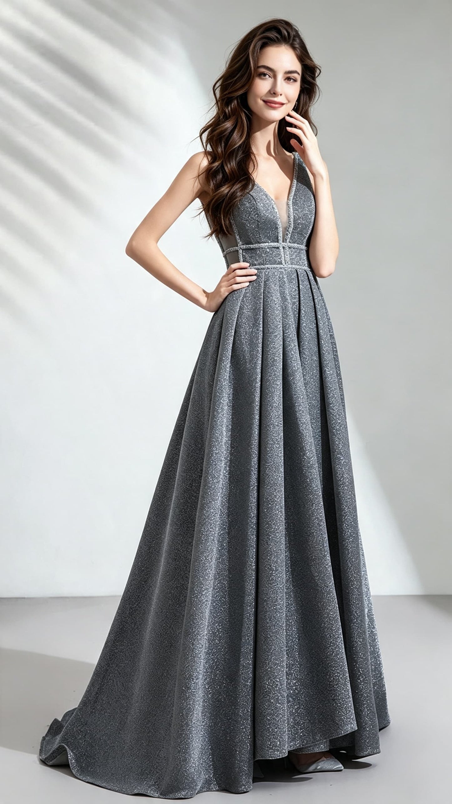 Gorgeous A-line Grey Evening Dress V Neck Polyester Long Formal Dress LFNC0144