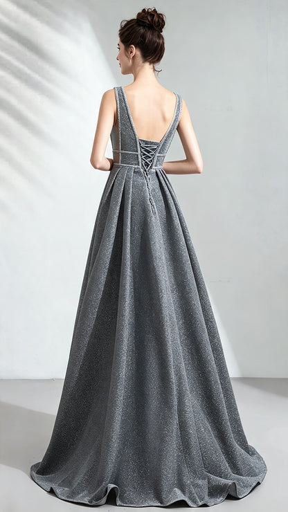Gorgeous A-line Grey Evening Dress V Neck Polyester Long Formal Dress LFNC0144