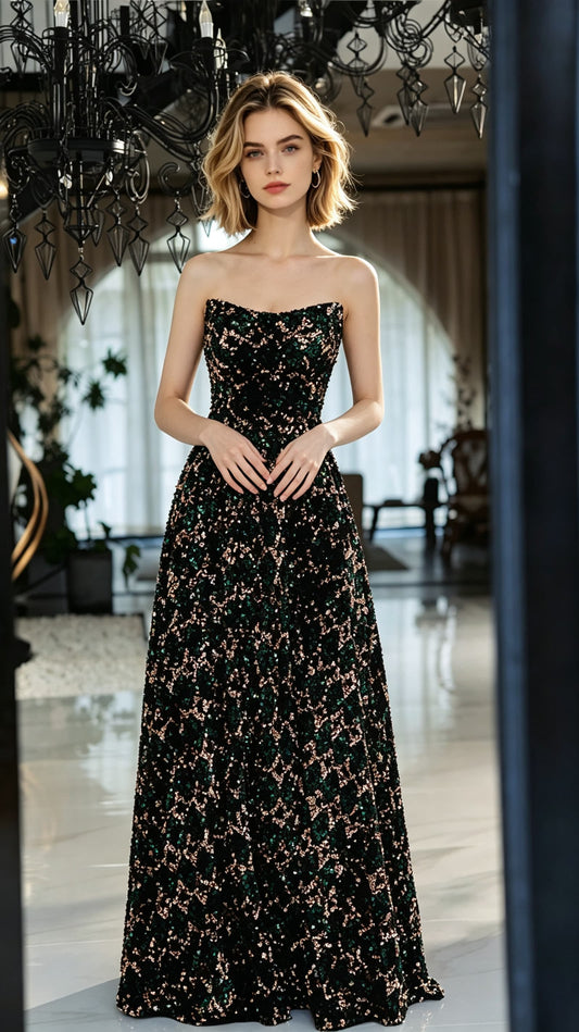 Lightweight A-line Black Evening Dress Strapless Sequins Maxi Dress LFNL0640