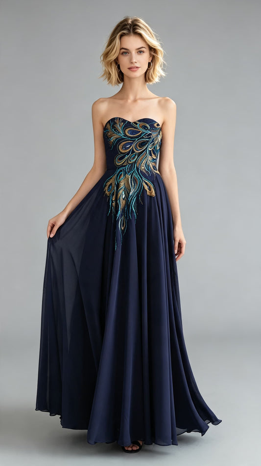 Flattering A-line Blue Evening Gowns Strapless Chiffon Long Formal Dress LFNL0650