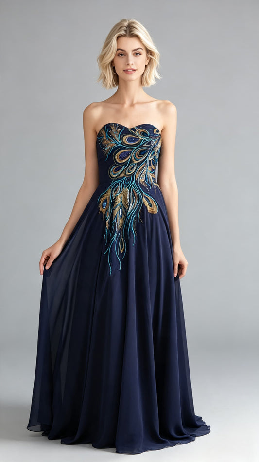 Flattering A-line Blue Evening Gowns Strapless Chiffon Long Formal Dress LFNL0650