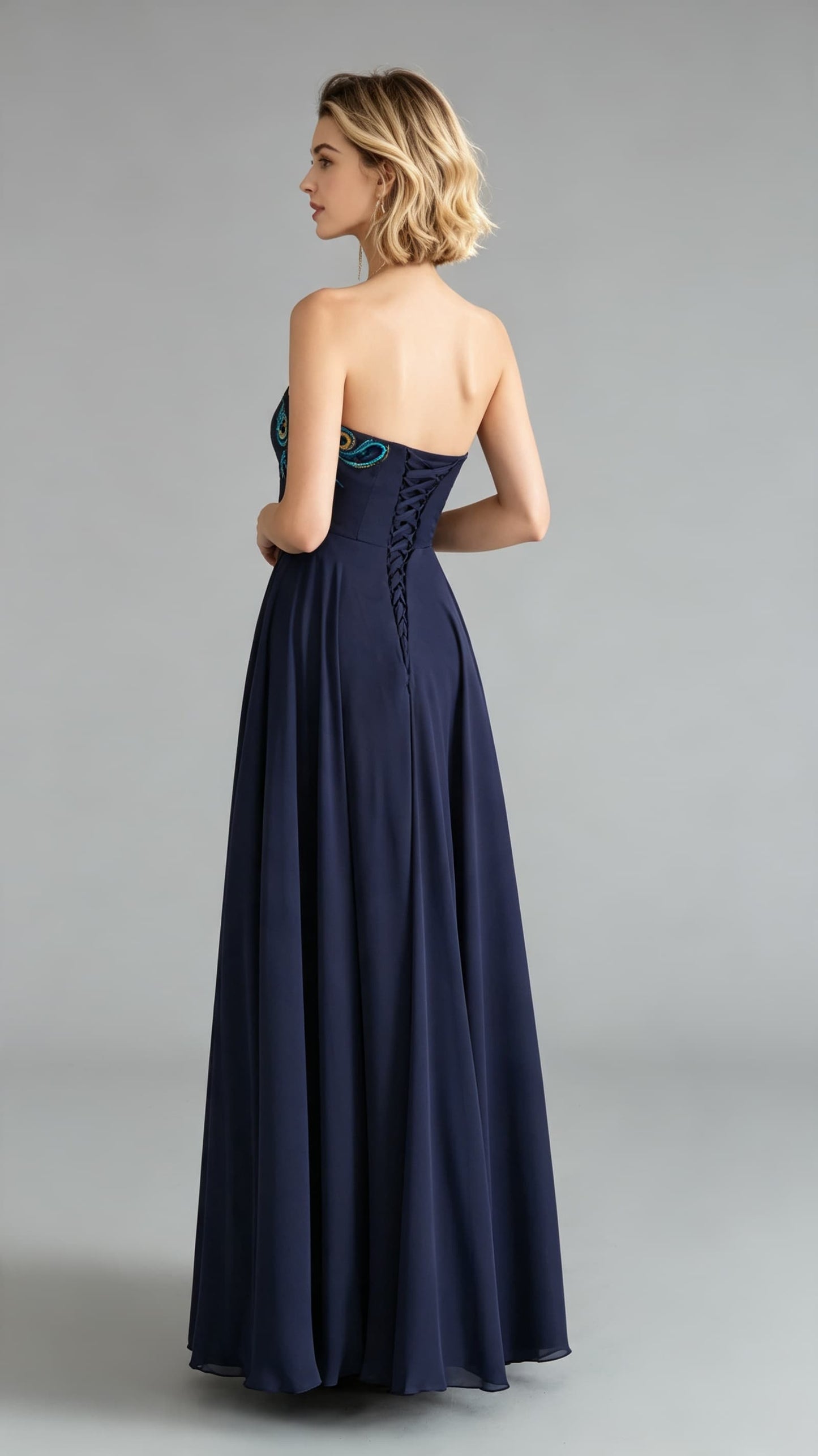 Flattering A-line Blue Evening Gowns Strapless Chiffon Long Formal Dress LFNL0650