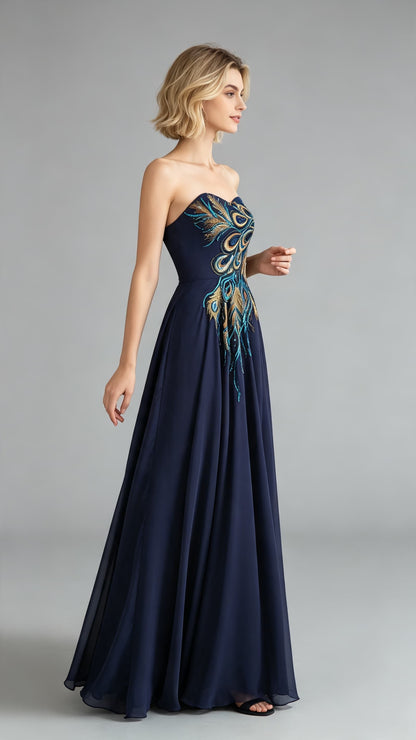 Flattering A-line Blue Evening Gowns Strapless Chiffon Long Formal Dress LFNL0650