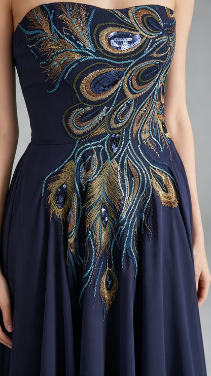 Flattering A-line Blue Evening Gowns Strapless Chiffon Long Formal Dress LFNL0650