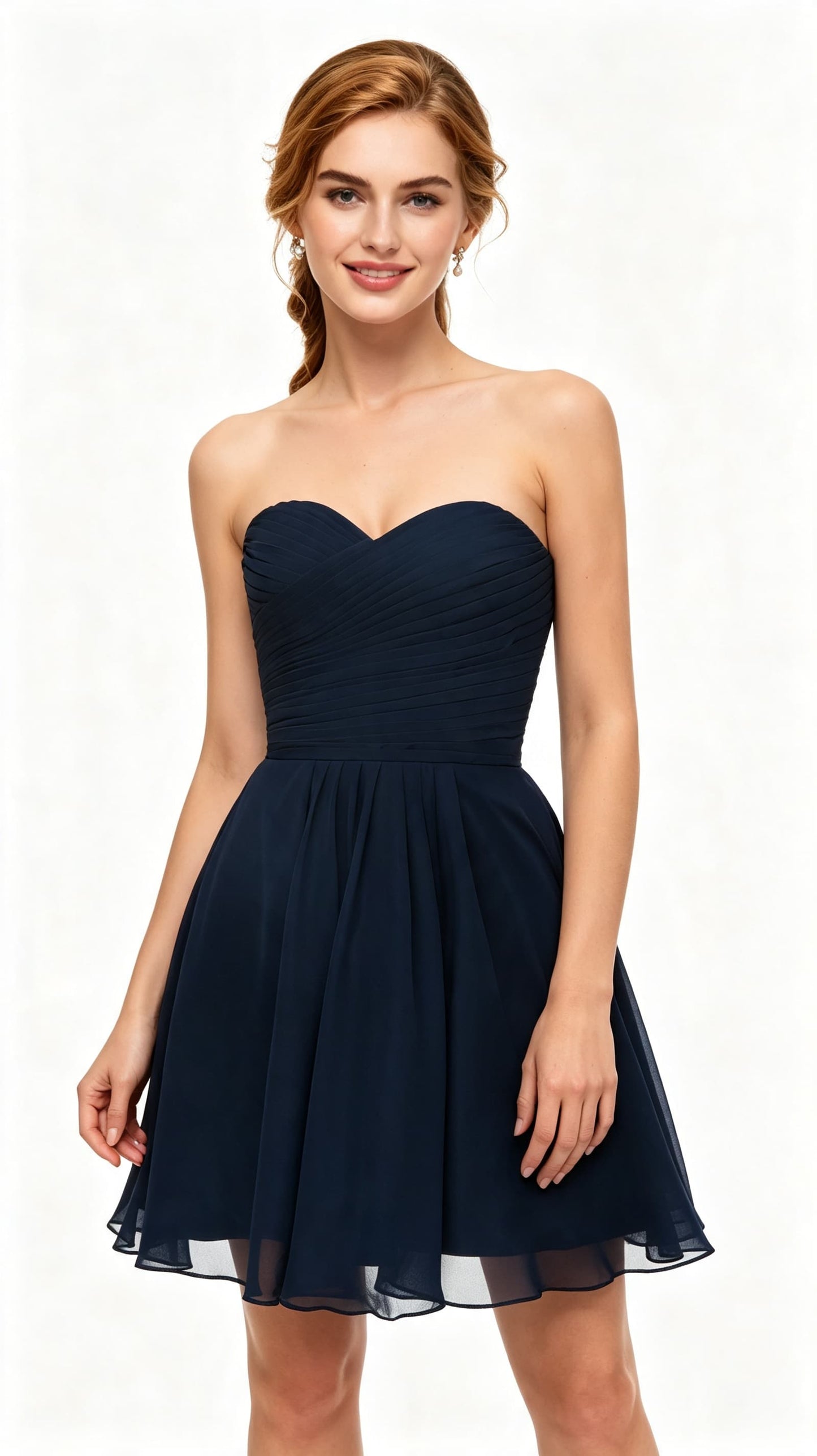 Elegant A-line Navy Blue Evening Dress Strapless Chiffon Short Formal Dress LFNL0532
