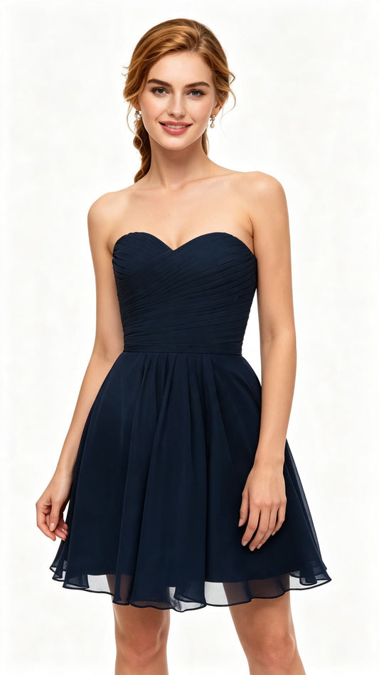 Elegant A-line Navy Blue Evening Dress Strapless Chiffon Short Formal Dress LFNL0532