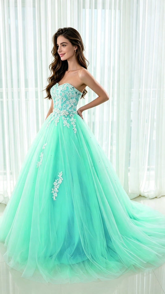Feminine High Waist Green Ball Gown Sweetheart Tulle Long Formal Dress LFNL0546