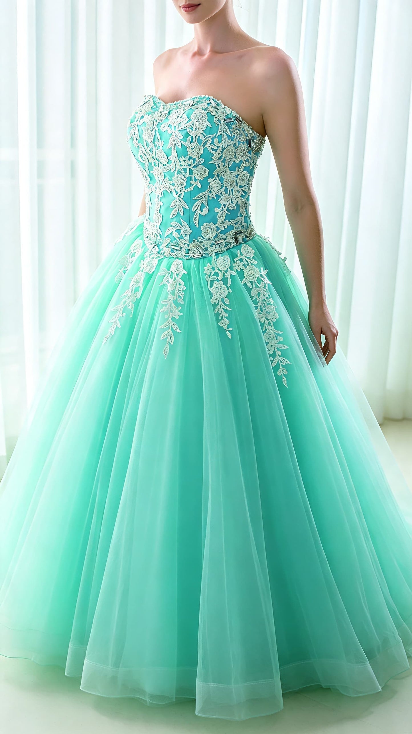 Feminine High Waist Green Ball Gown Sweetheart Tulle Long Formal Dress LFNL0546