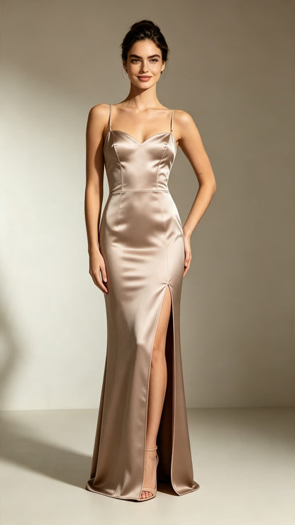 Effortless Mermaid Champagne Evening Gowns Straps Satin Long Formal Dress LFNL0720