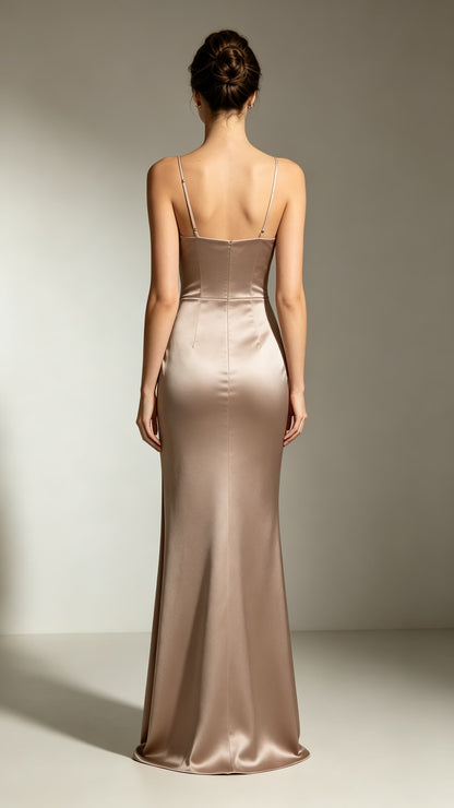 Effortless Mermaid Champagne Evening Gowns Straps Satin Long Formal Dress LFNL0720