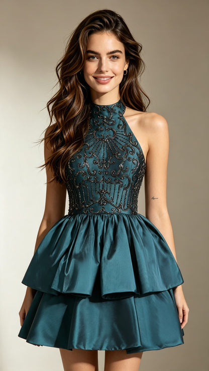 Feminine A-line Green Homecoming Dress High Collar Satin&Beads Short Formal Dress LFNG0038