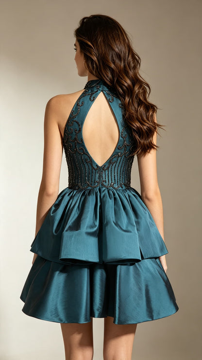 Feminine A-line Green Homecoming Dress High Collar Satin&Beads Short Formal Dress LFNG0038