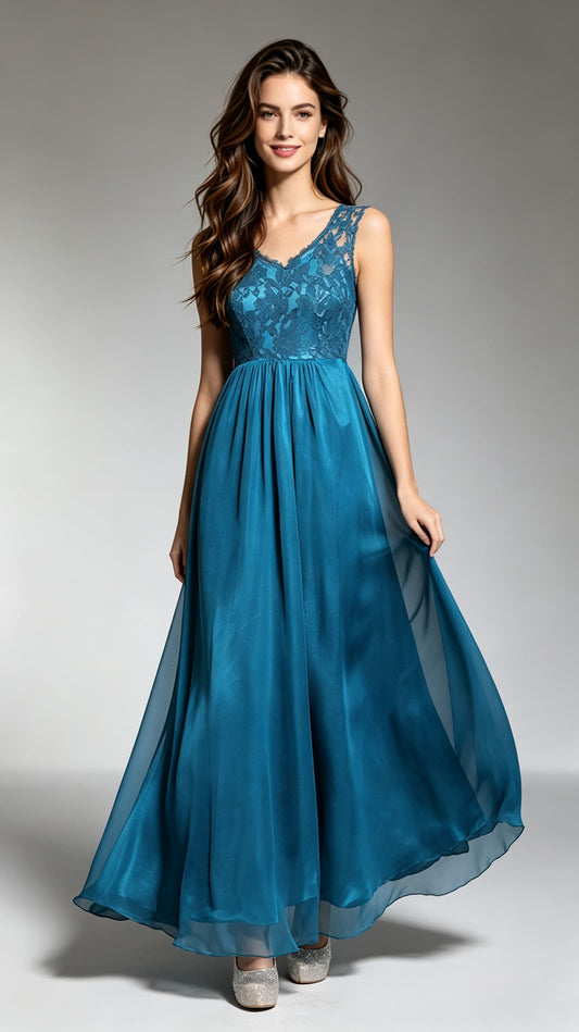 Sleek A-line Blue Evening Gowns Lace & Chiffon Long Formal Dress LFNC0021