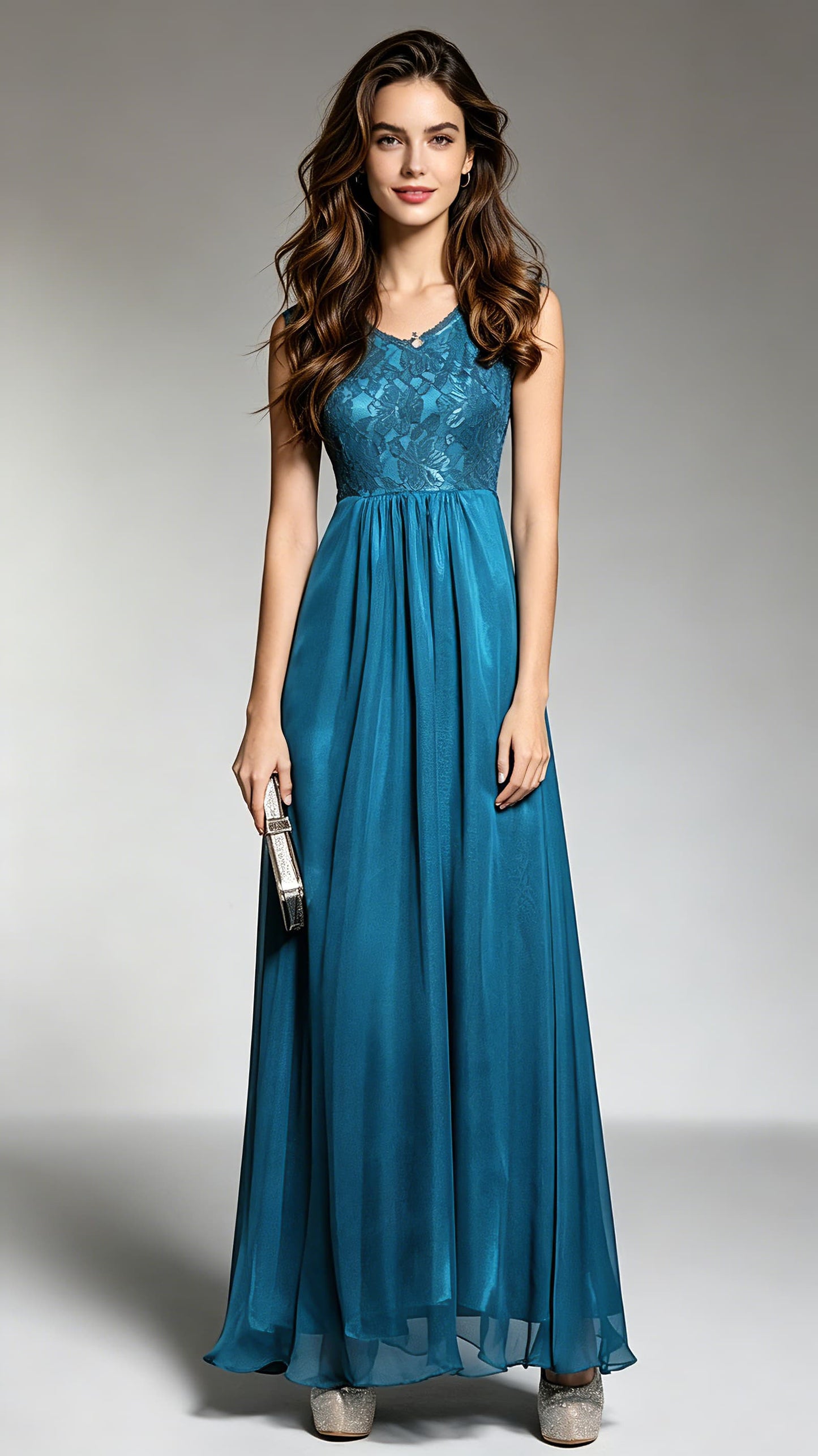 Sleek A-line Blue Evening Gowns Lace & Chiffon Long Formal Dress LFNC0021