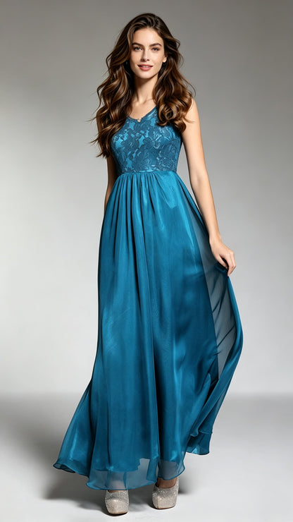 Sleek A-line Blue Evening Gowns Lace & Chiffon Long Formal Dress LFNC0021