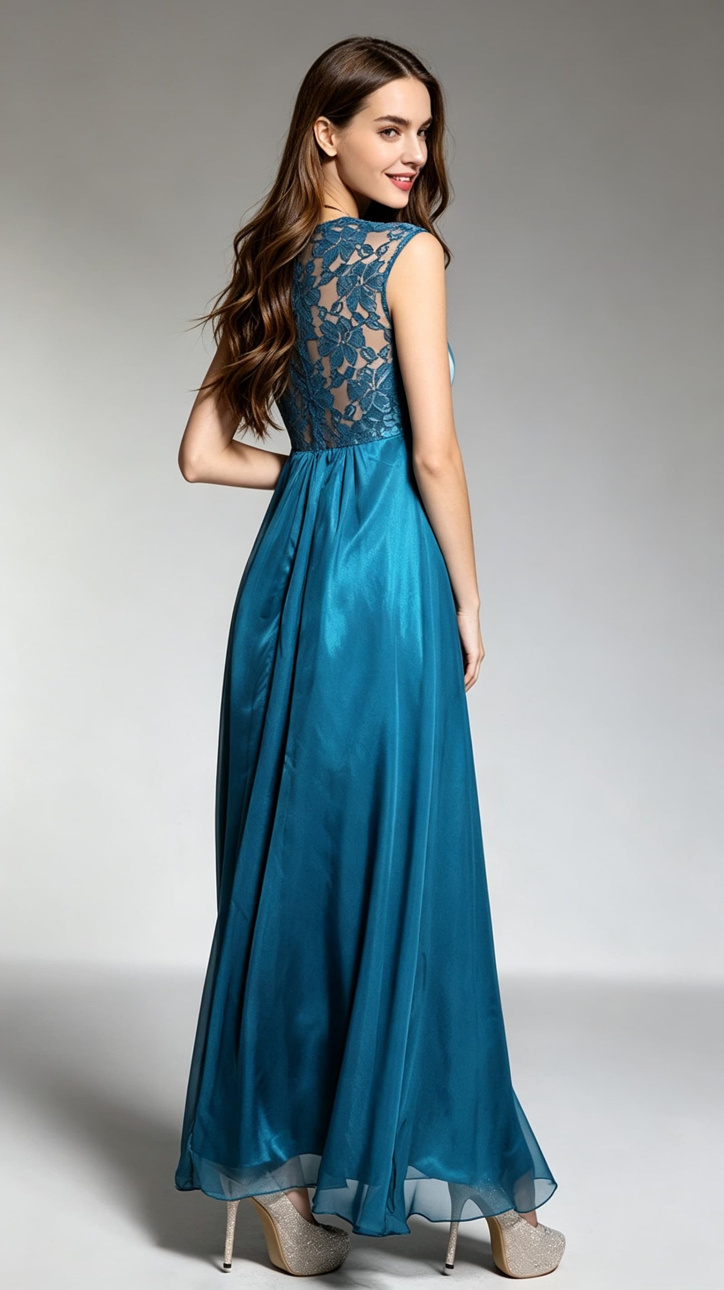 Sleek A-line Blue Evening Gowns Lace & Chiffon Long Formal Dress LFNC0021