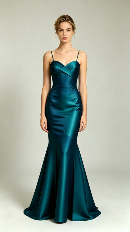 Feminine spaghetti strap mermaid green satin long evening prom gown for UK formal events and wedding guests
