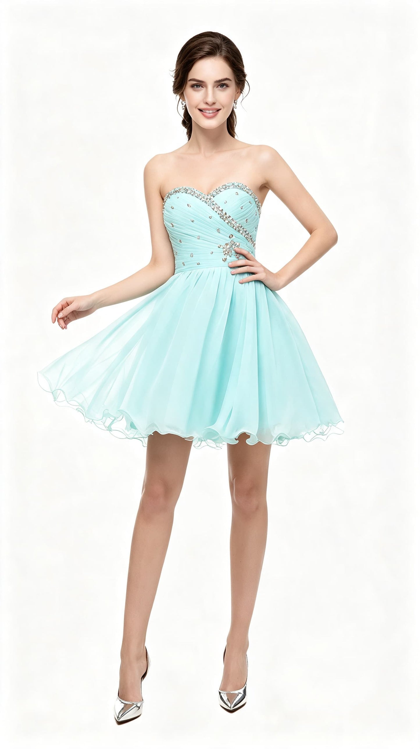 Lightweight A-line Blue Green Evening Dress Sweetheart Neck Chiffon Short Formal Dress LFNL0529