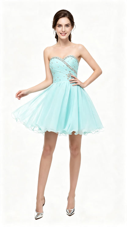 Lightweight A-line Blue Green Evening Dress Sweetheart Neck Chiffon Short Formal Dress LFNL0529