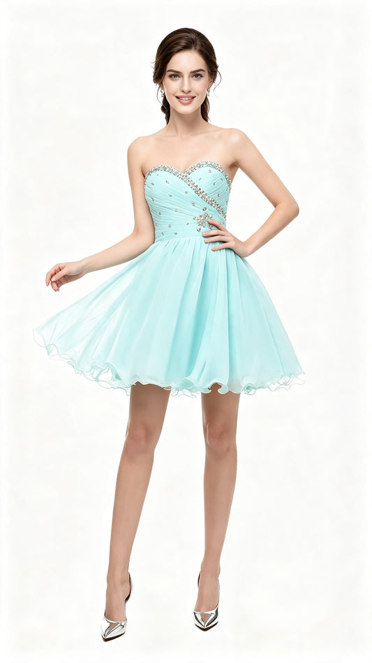 Lightweight A-line Blue Green Evening Dress Sweetheart Neck Chiffon Short Formal Dress LFNL0529