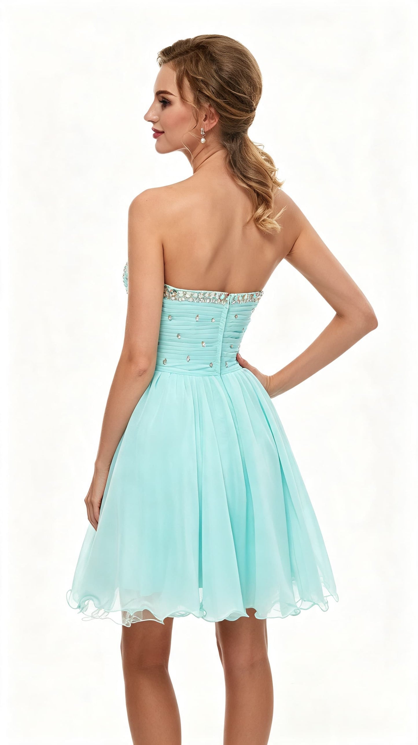 Lightweight A-line Blue Green Evening Dress Sweetheart Neck Chiffon Short Formal Dress LFNL0529