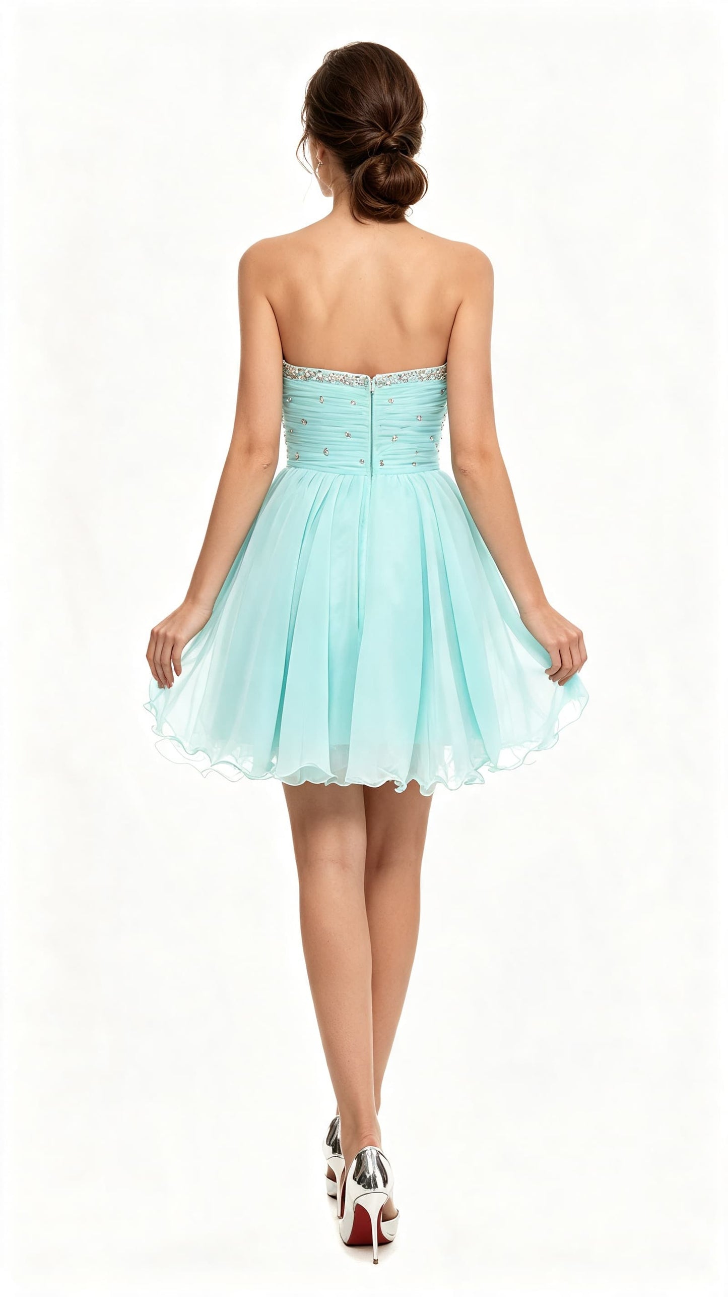 Lightweight A-line Blue Green Evening Dress Sweetheart Neck Chiffon Short Formal Dress LFNL0529
