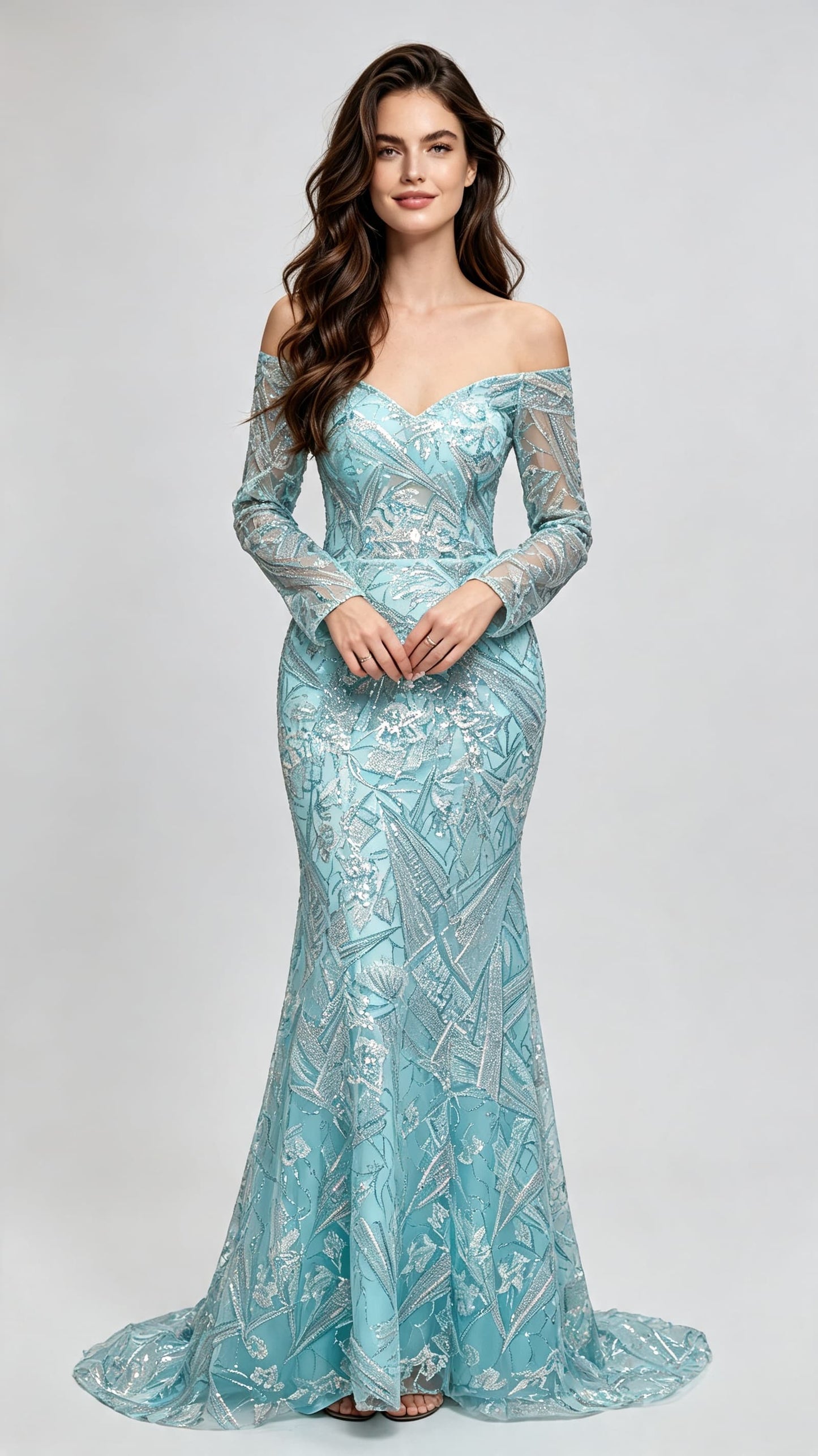 Polished Mermaid Blue Evening Gowns Off the Shoulder Lace Appliqué Long Formal Dress LFNL0670