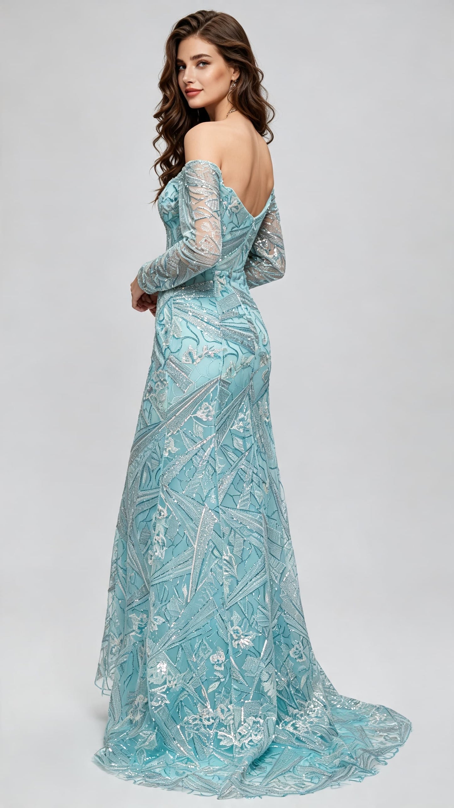 Polished Mermaid Blue Evening Gowns Off the Shoulder Lace Appliqué Long Formal Dress LFNL0670